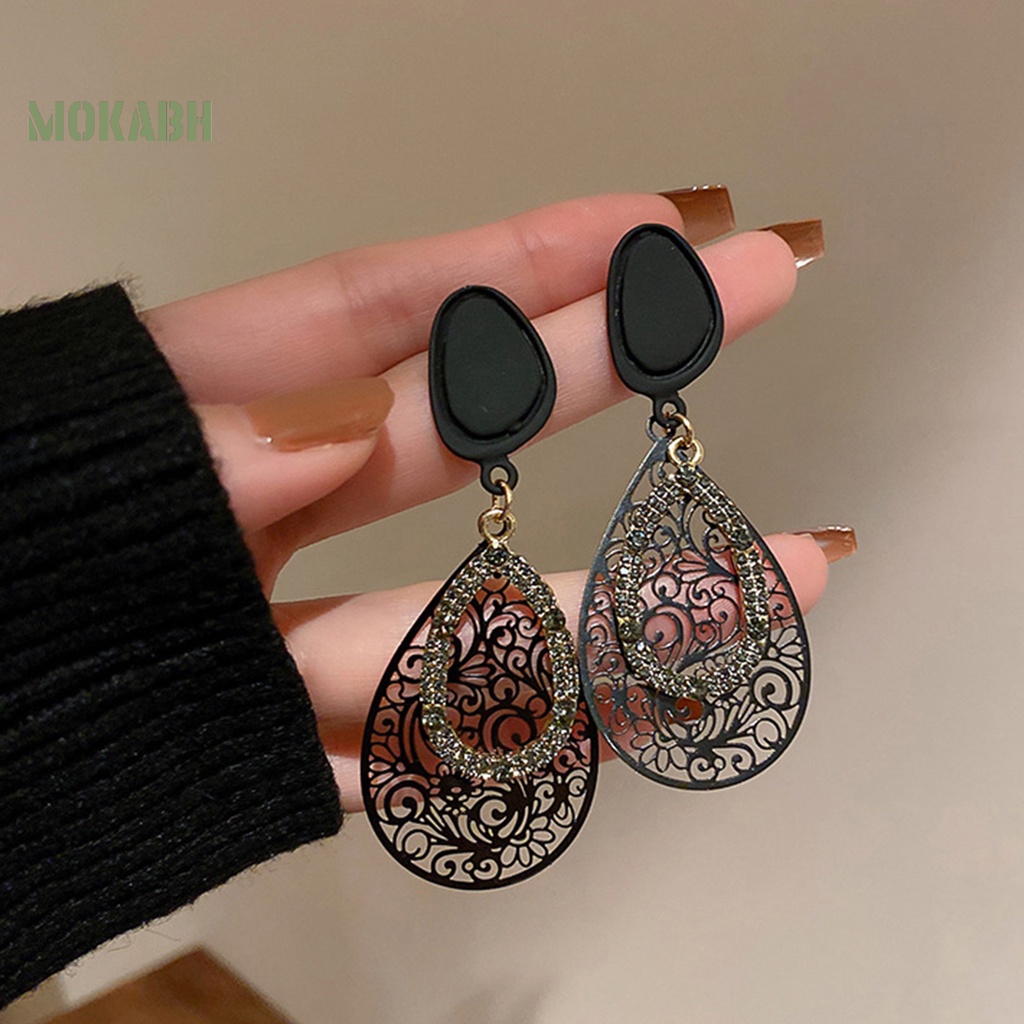 1 Đôi Bông Tai Hình Giọt Nước Dát Đá Đen Phong Cách Bohemia Cổ Điển Thời Trang