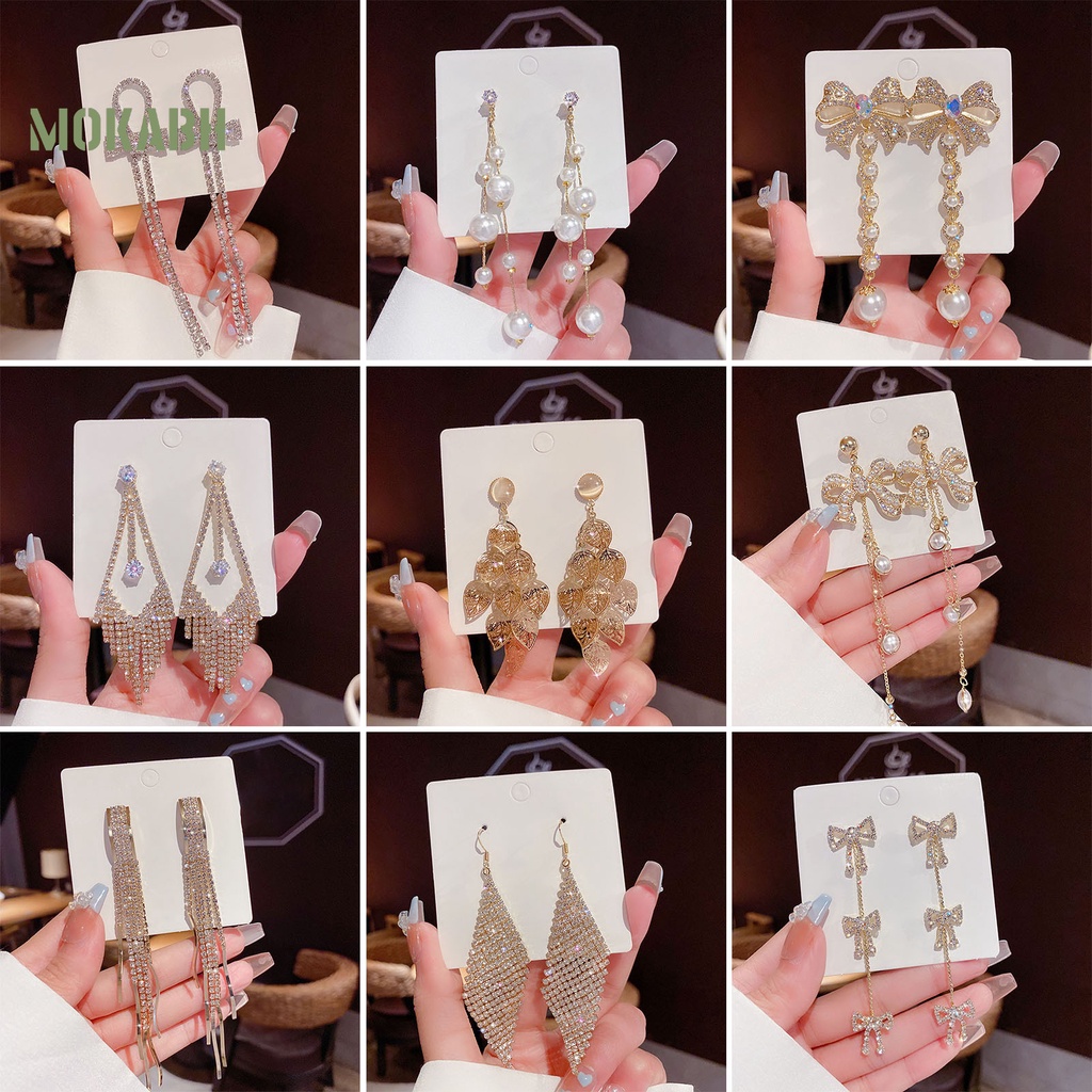 1 Đôi Bông Tai Hình Nơ / Trái Tim Đính Đá / Ngọc Trai Giả Phối Tua Rua Thời Trang