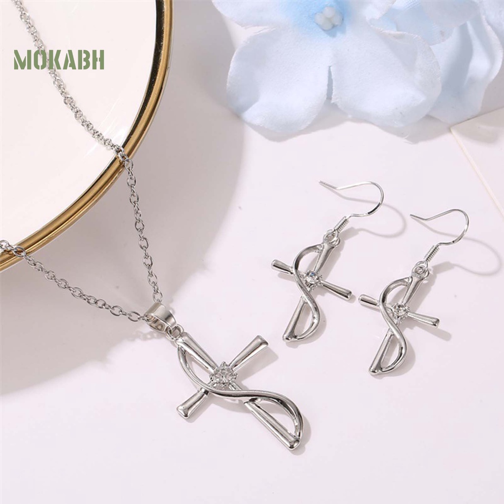 Bộ Vòng cổ + Bông Tai Mạ Điện Hình Chữ Thập Đính Đá Zircon Thời Trang Sang Trọng Cho Nữ