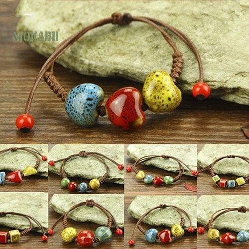 Vòng Đeo Tay Dây Bện Phối Hạt Gốm Tự Nhiên Phong Cách Bohemia Độc Đáo