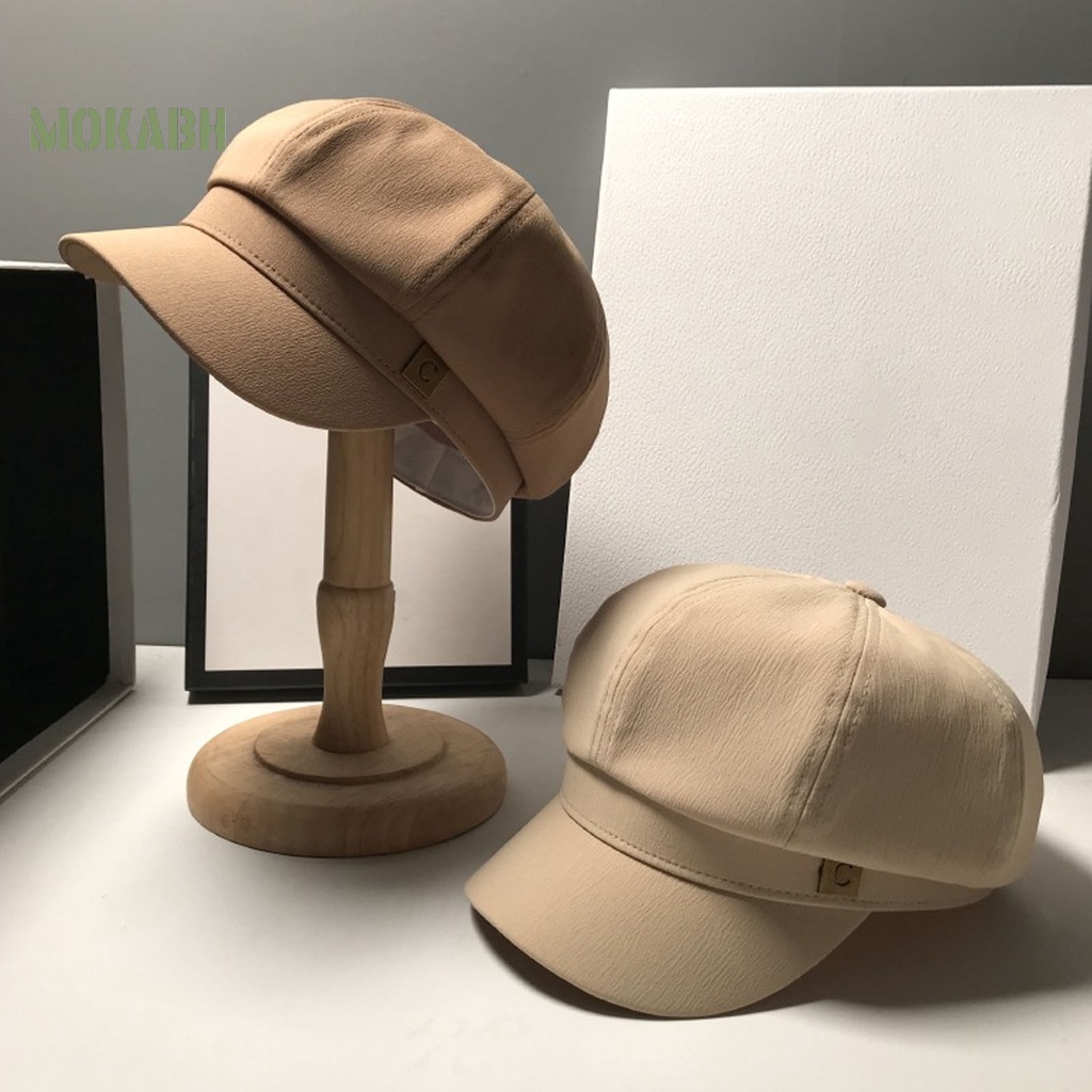 Abh [Mok] Mũ Beret Màu Trơn Họa Tiết In Logo Vòm Tròn Vành Ngắn Thời Trang Cho Nữ