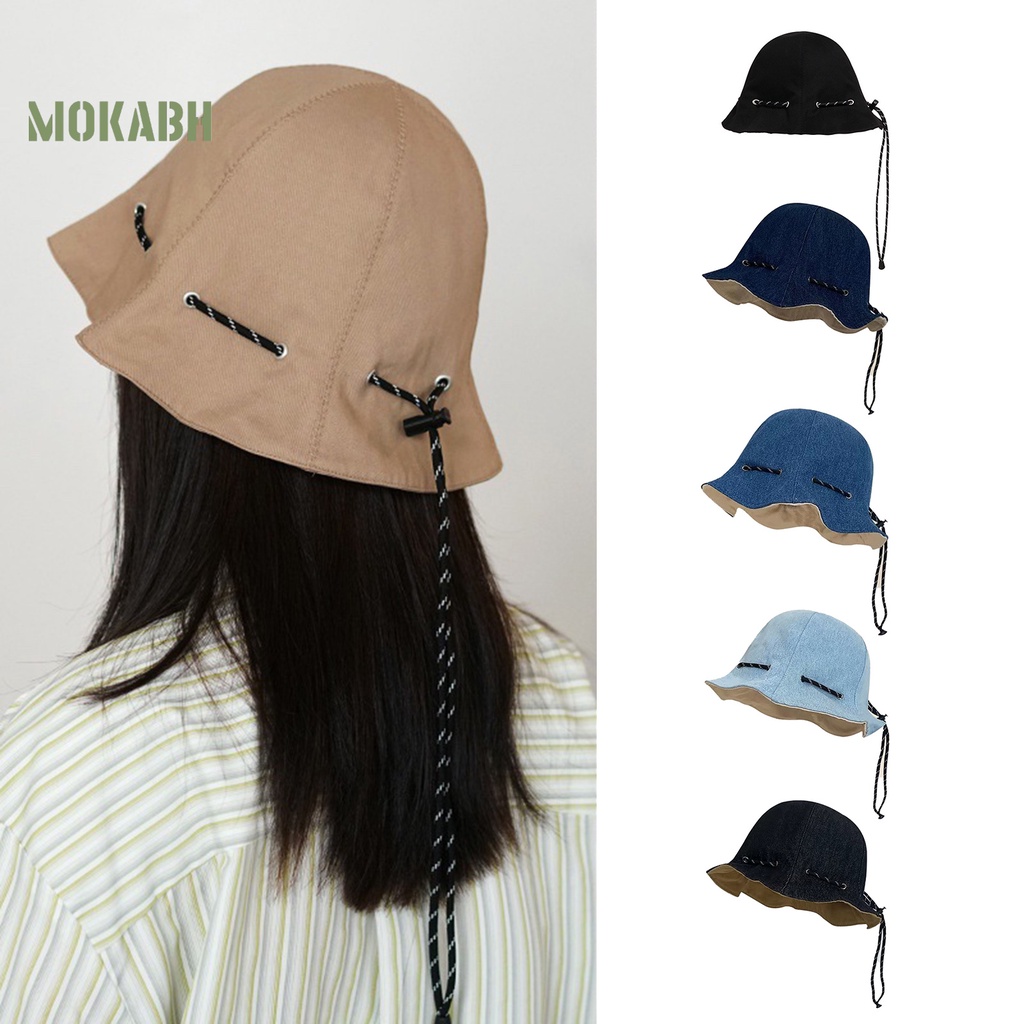 [Mok Abh] Mũ Ngư Dân Tròn Màu Trơn Dây Rút Có Thể Điều Chỉnh Chống Nắng Cạnh Xoăn Mang Đi Câu Cá Cắm Trại Cho Nữ