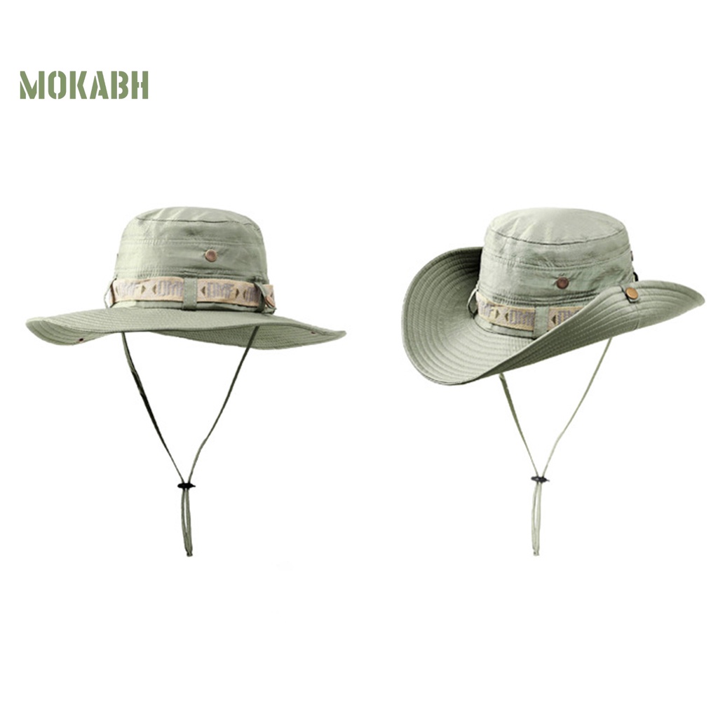 [Mok Abh] Mũ Cao Bồi Rộng Vành Chống Tia UV Viền Xoăn Màu Trơn Có Dây Có Thể Điều Chỉnh Được Phong Cách Vintage Cho Nam