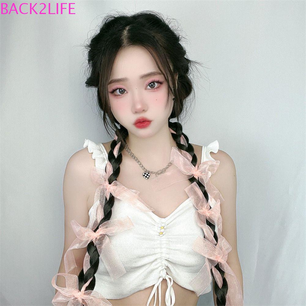 BACK2LIFE Tóc Giả Thắt Nơ Bằng Sợi Tổng Hợp Màu Đen Tự Nhiên Cho Nữ Dự Tiệc 2life