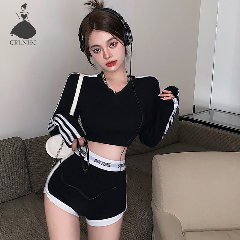 Crlnhc Set Đồ Thể Thao Hai Mảnh Áo Hoodie Màu Đen Phong Cách Nước Ngoài Giản Dị Thời Trang Dành Cho Bạn Nữ vn