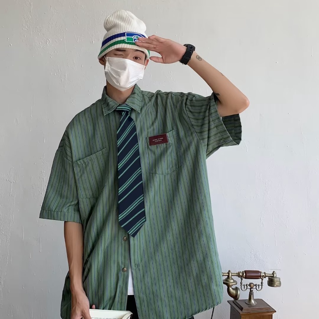 Áo Sơ Mi Tay Lửng Dáng Rộng Họa Tiết Kẻ Sọc Thời Trang Mùa Hè Cho Cặp Đôi