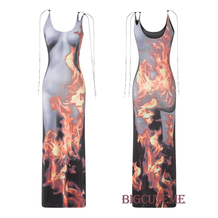 [] Đầm Dài Dáng Ôm Không Tay In Họa Tiết Ngọn Lửa Thời Trang Mùa Hè Ôm Dáng Cho Nữ
