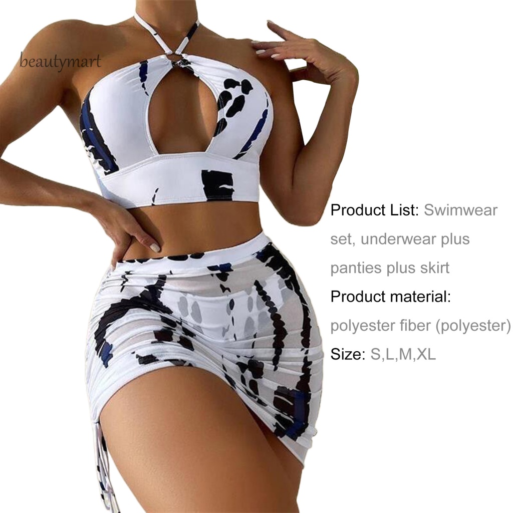 Bộ 3 Món Đồ Bơi Bikini Gồm Áo Lót Nâng Ngực Và Chân Váy Ren Hoa Quyến Rũ Cho Nữ