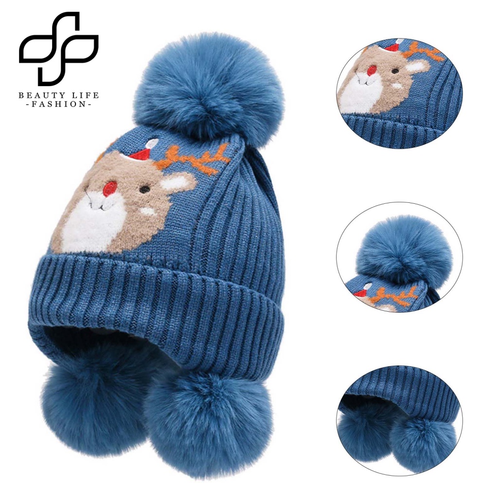 Nón Beanie Họa Tiết Thú Hoạt Hình Trang Trí Bóng Lông Cho Bé