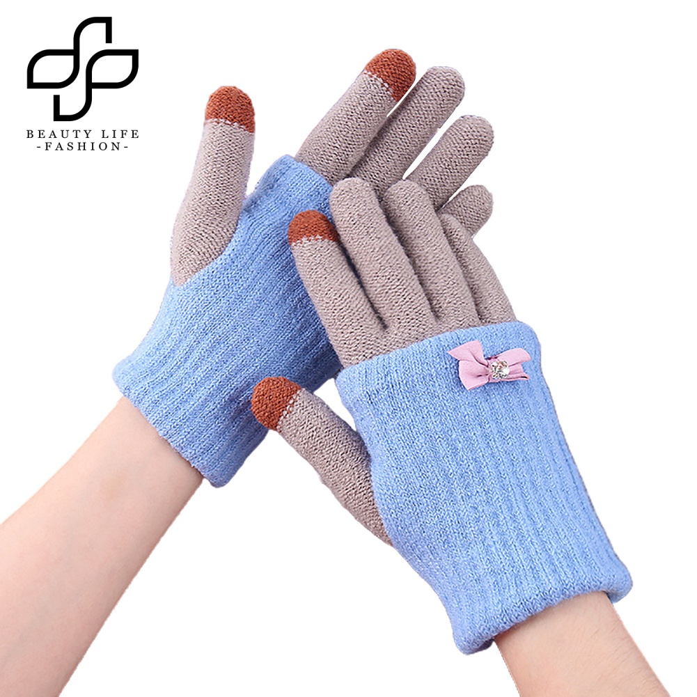 Đôi Găng Tay Len Hở Ngón Gắn Nơ Có Thể Dùng Màn Hình Cảm Ứng Thời Trang Cho Nữ