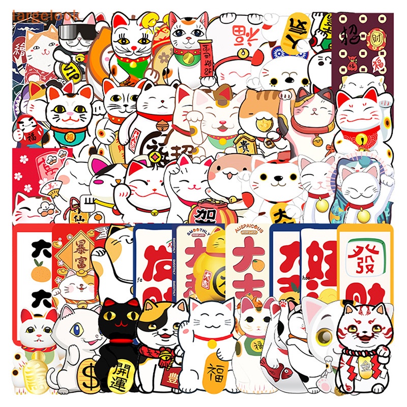 Bộ 50 Miếng Dán Hình Mèo May Mắn Dùng Trang Trí Vali Laptop Xe Hơi