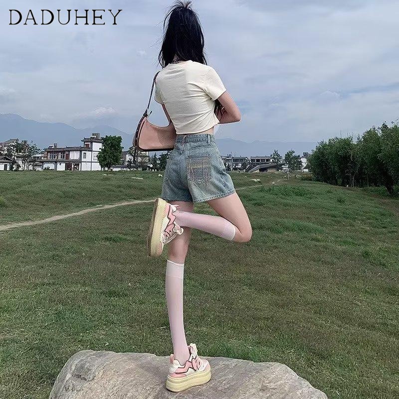 Quần short denim DADUHEY ống rộng cạp cao thời trang retro phong cách Hàn Quốc cho nữ