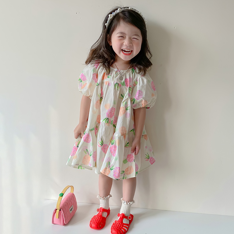 Đầm Tay Phồng In Hoa Phong Cách Hàn Quốc Xinh Xắn Cho Bé Gái 2-7 Tuổi