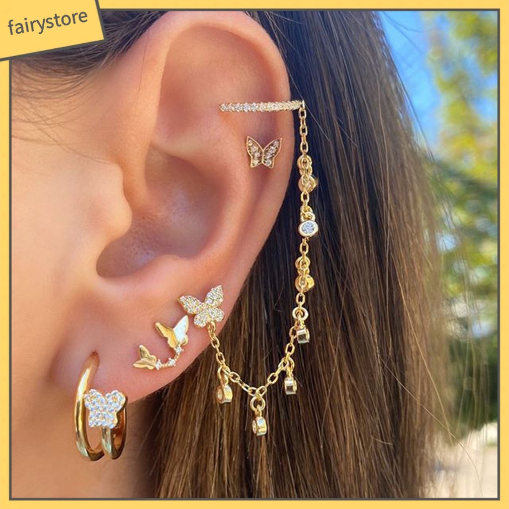 Bộ 4 Khuyên Tai Hình Bướm Bằng Hợp Kim Dùng Hàng Ngày Cho Bạn Gái