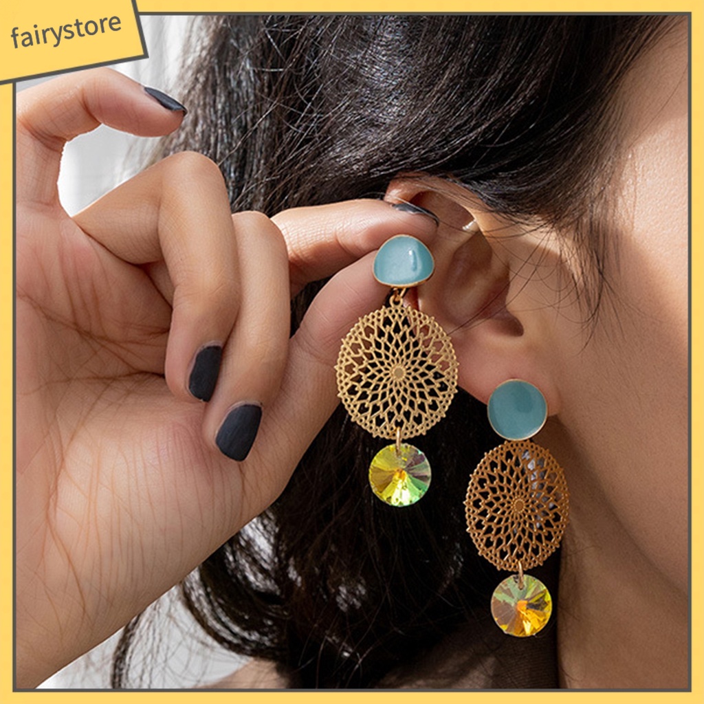 [FRO] 1 Đôi Bông Tai Lủng Lẳng Đá Giả Kim Cương Hình Học Phong Cách Ins Thích Hợp Làm Quà