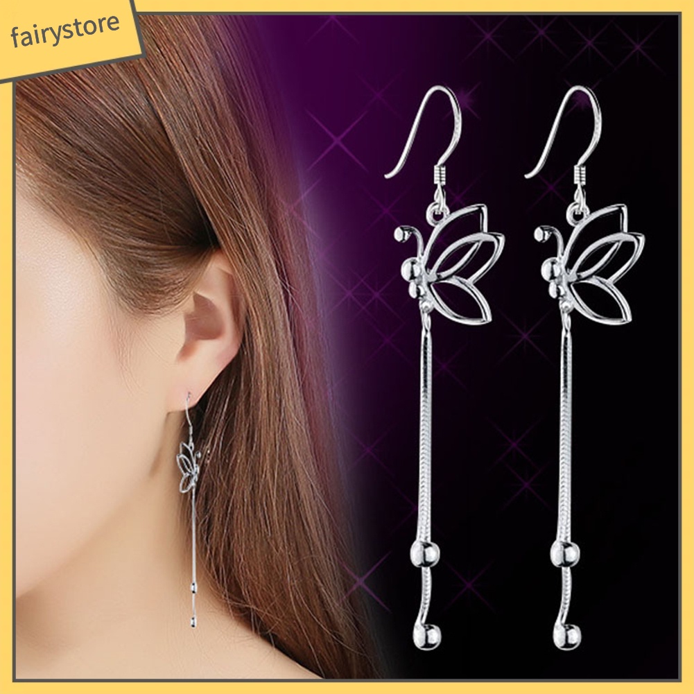 Bông Tai Dáng Dài Hình Bướm Rỗng Phối Tua Rua Thời Trang Dự Tiệc Cho Nữ