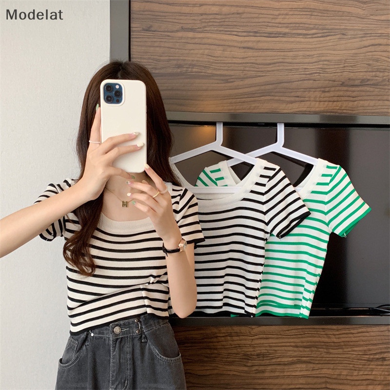 Áo Croptop Dệt Kim Tay Ngắn Cổ Vuông Họa Tiết Kẻ Sọc Thời Trang Mùa Hè Cho Nữ