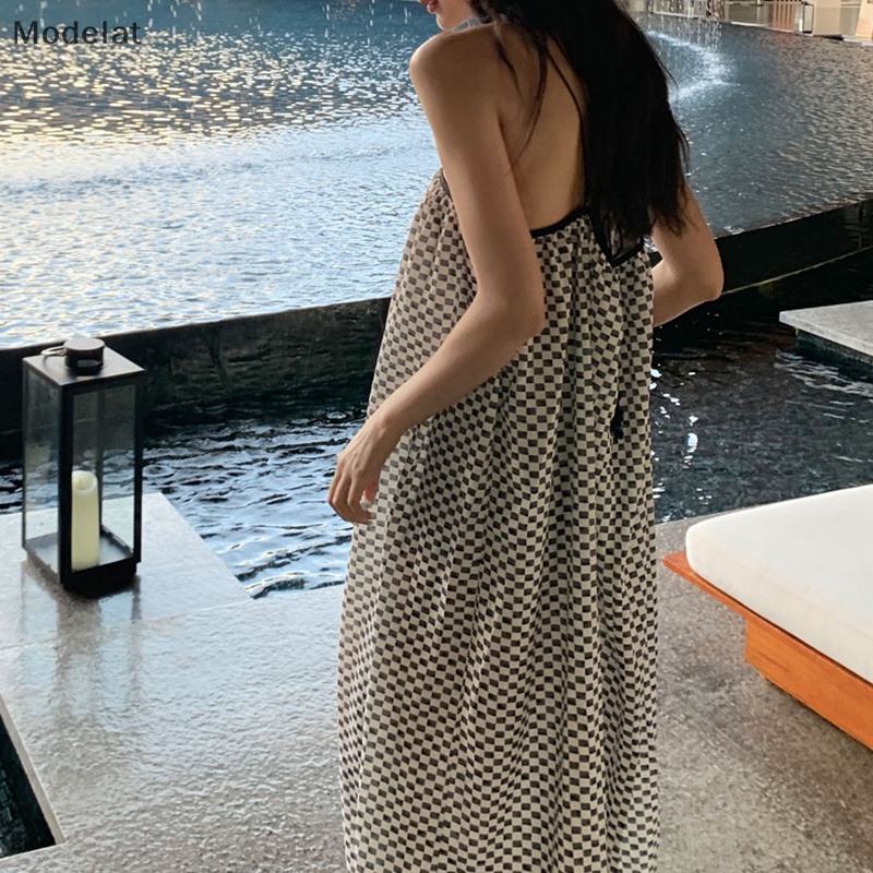 Đầm Chiffon Hai Dây Hở Lưng Họa Tiết Sọc Caro Phong Cách Boho Quyến Rũ Cho Nữ