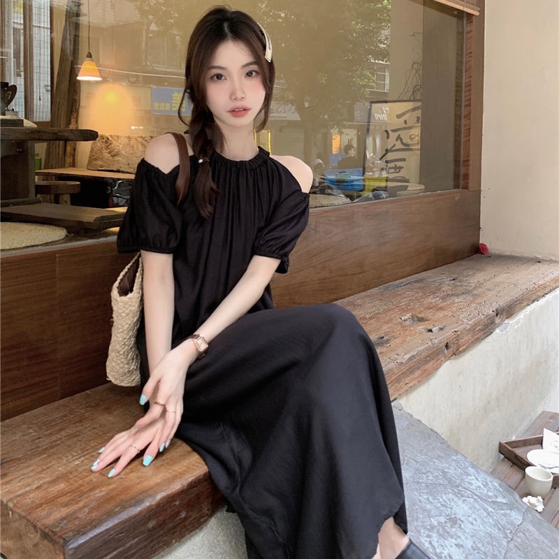 COZOK Đầm Midi Tay Ngắn Hở Vai Dáng Rộng Thời Trang Quyến Rũ Cho Nữ