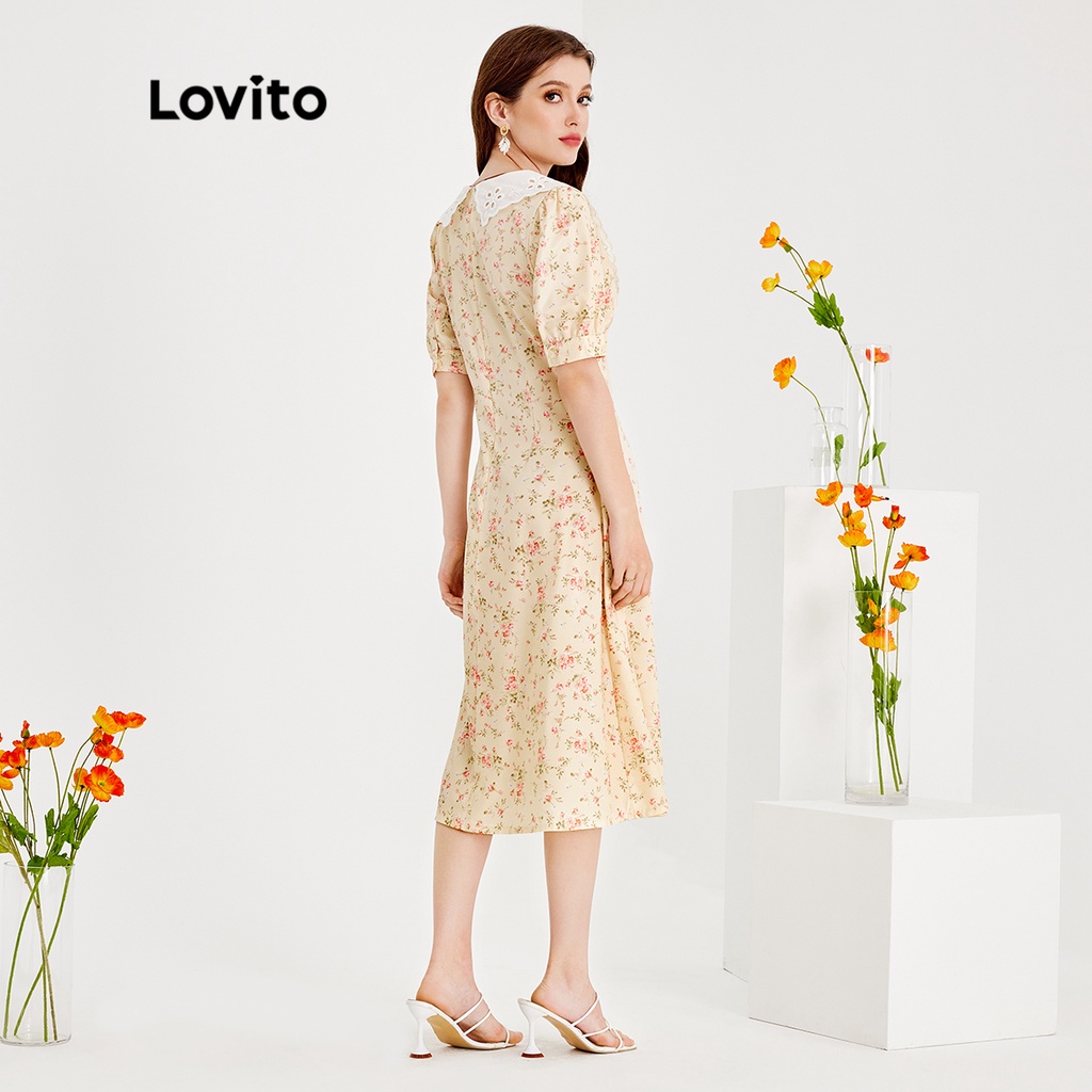 Đầm Lovito tay phồng thêu họa tiết cổ đứng tương phản họa tiết hoa boho cho nữ L51ED133 (màu vàng nhạt)