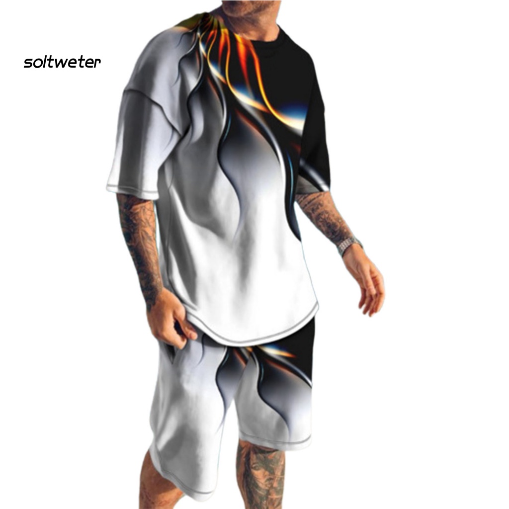 Set Đồ Mùa Hè 2 Món Gồm Áo Thun Tay Cộc Cổ Tròn Có Túi In Họa Tiết Kẻ Sọc 3D + Quần Shorts Cho Nam