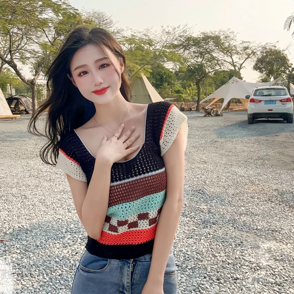 Áo Sweater Dệt Kim Cổ Vuông Tay Ngắn Phong Cách Hàn Quốc Thời Trang Mùa Hè Mới Cho Nữ