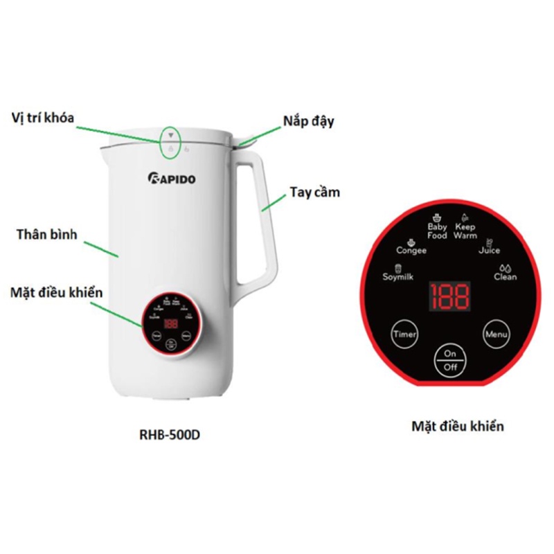 Máy sữa hạt Rapido RHB-500D dung tích 800ml - Bảo hành 12 tháng chính hãng