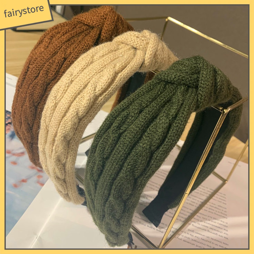 Băng Đô Cài Tóc Dệt Kim Thắt Nút Màu Trơn Thời Trang Thu Đông Cho Nữ