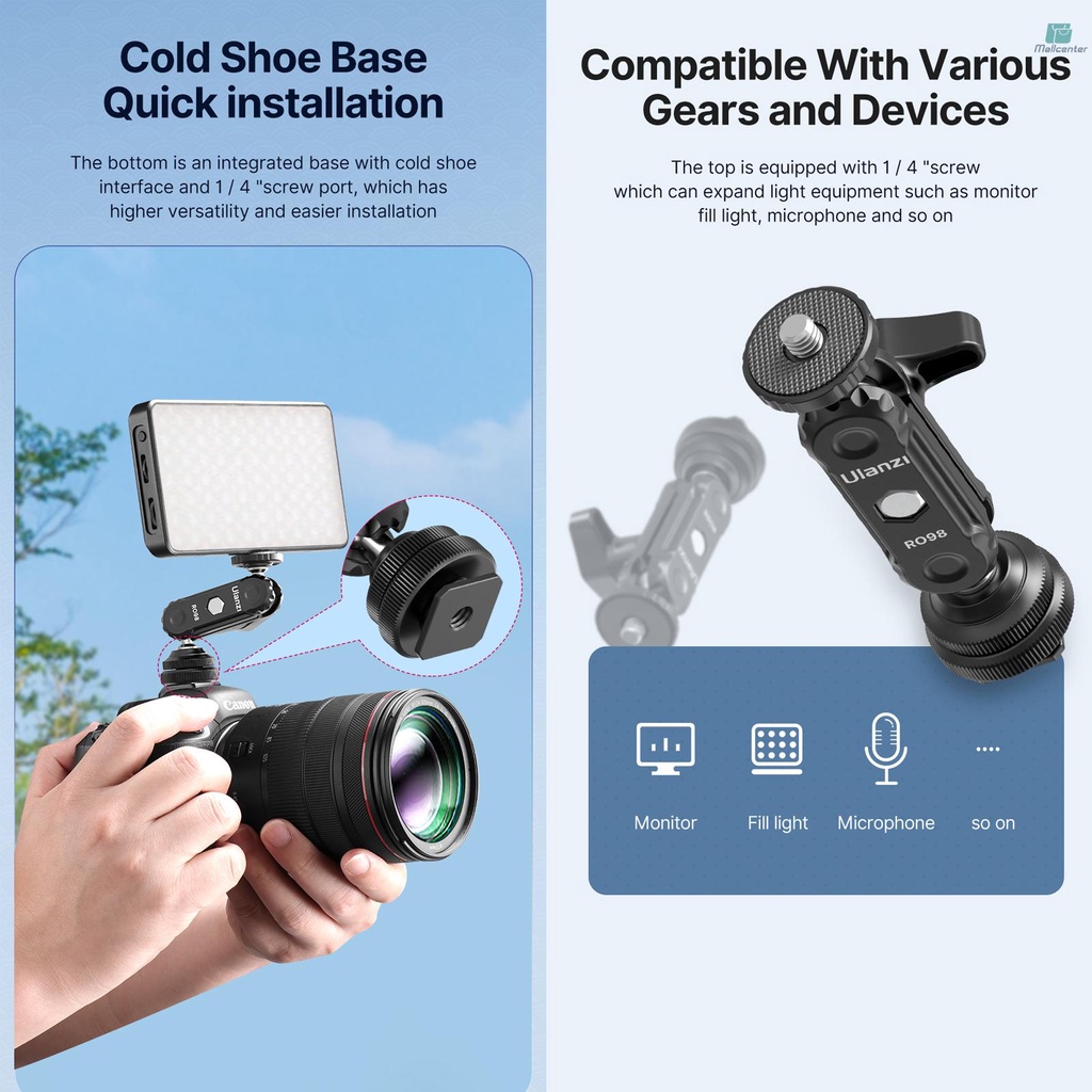 Ulanzi R098 Field Monitor Mount with Cold Shoe Dual 360° Rotatable Ballhead Aluminum Alloy with 1/4 Inch Screw 1.5kg Load Bearing for Mounting Video Monitor LED Light Microphone