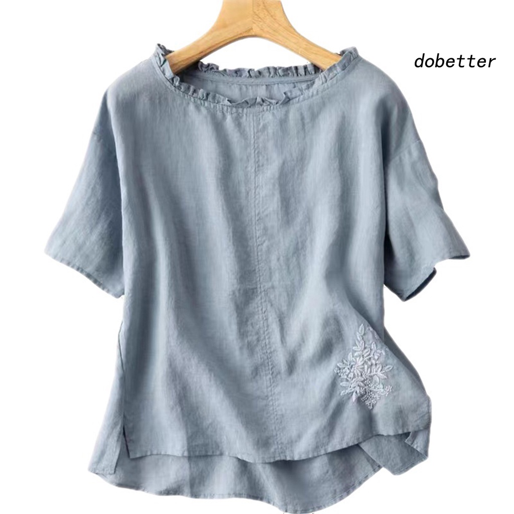 Áo Thun Ngắn Tay Cổ Tròn Thêu Hoa Màu Trơn Thời Trang Mùa Hè Cho Nữ