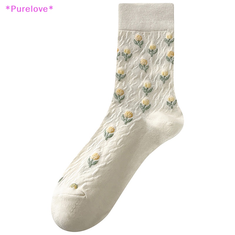 1 Đôi Tất Cotton Trắng In Hình Hoa Tulip Phong Cách Harajuku Nhật Bản Đáng Yêu Dành Cho Nữ Mới