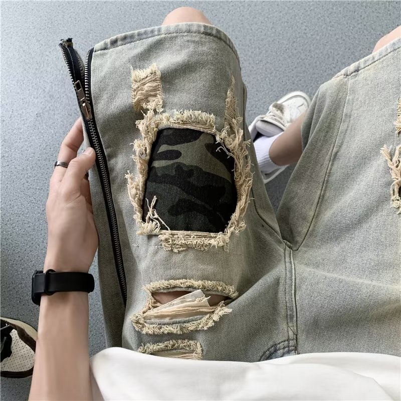 Quần Short Denim Họa Tiết Rằn Ri Phong Cách Đường Phố Mùa Hè Cho Nam