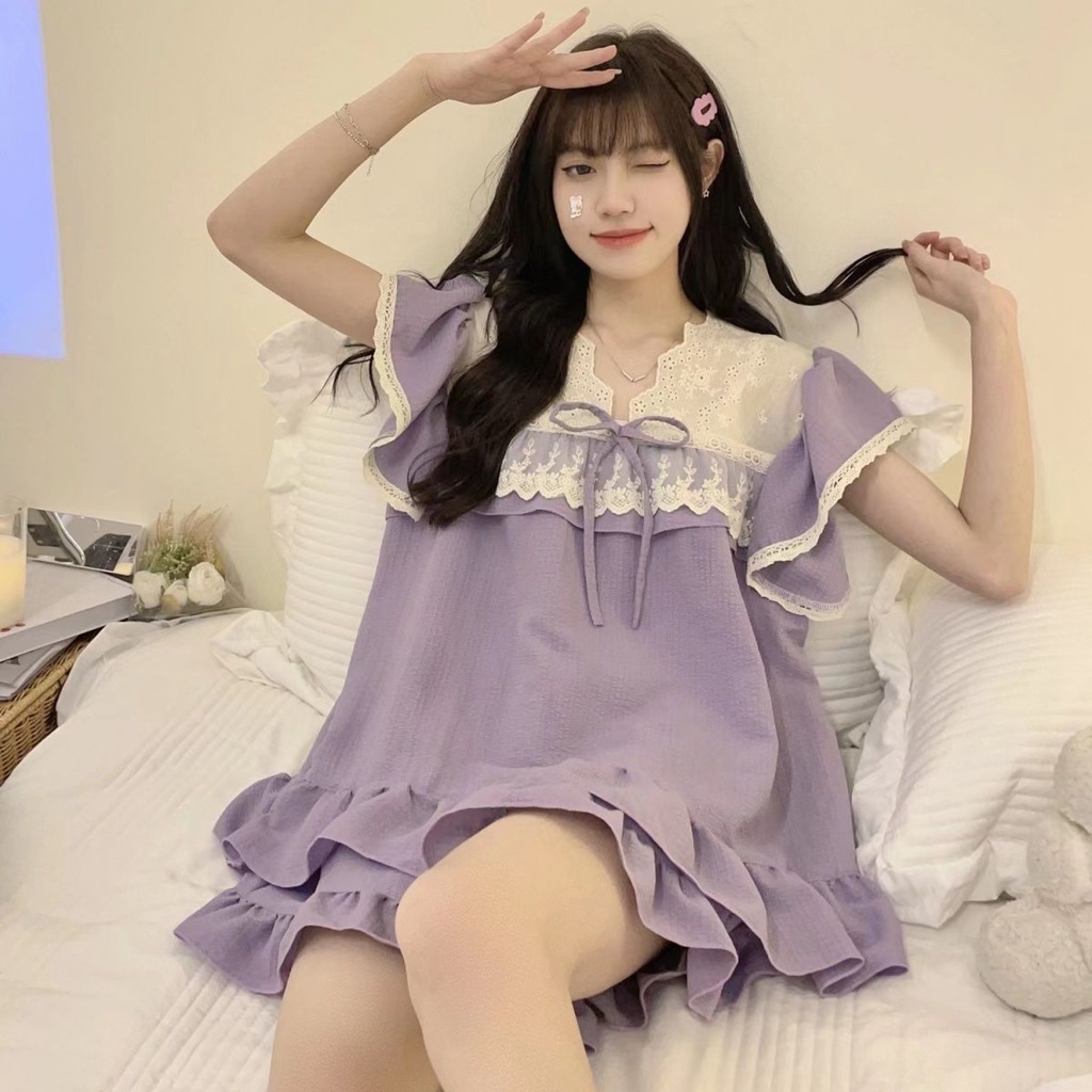 Bộ Đồ Ngủ Tay Ngắn Phối Ren Dễ Thương Thời Trang Mùa Hè 2023 Cho Bạn Gái