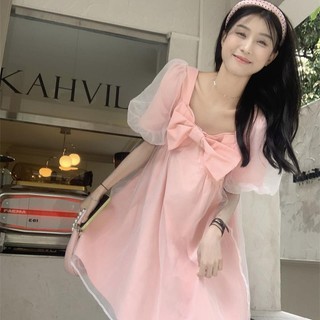 Đầm Babydoll Tay Phồng Váy Nơ Cổ Vuông Tay Ngắn Rộng Organza Mùa Hè Ngọt Ngào Và Tươi Mát Thời Trang Nữ