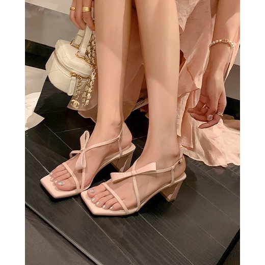 Duoya Nhà Máy Sản Xuất Tóc Thẳng ~ [Hàng Có Sẵn] Giày Cổ Tích ~!Giày Sandal Cao Gót Mũi Vuông Hở Ngón Quai Mảnh Màu Hồng Thắt Nơ Cho Nữ Miễn Phí Vận Chuyển