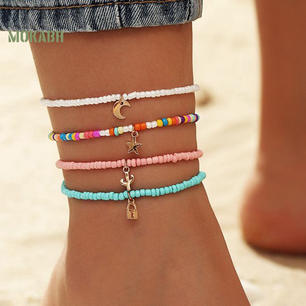 [Mok Abh] Set 4 Lắc Chân Chuỗi Hạt Nhiều Màu Sắc Bắt Mắt Tinh Tế Co Giãn Làm Quà Sinh Nhật Cho Nữ