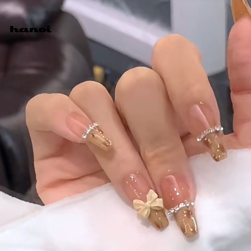 1 Bộ Móng Tay Giả Hình Nơ Da Báo Đính Đá Lấp Lánh Dễ Tẩy Trang Diy