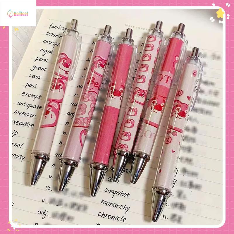 💜Bút Bi Mực Đen Ngòi 0.5mm Có Thể Thu Gọn Họa Tiết Gấu / Dâu Tây Hoạt Hình Dễ Thương