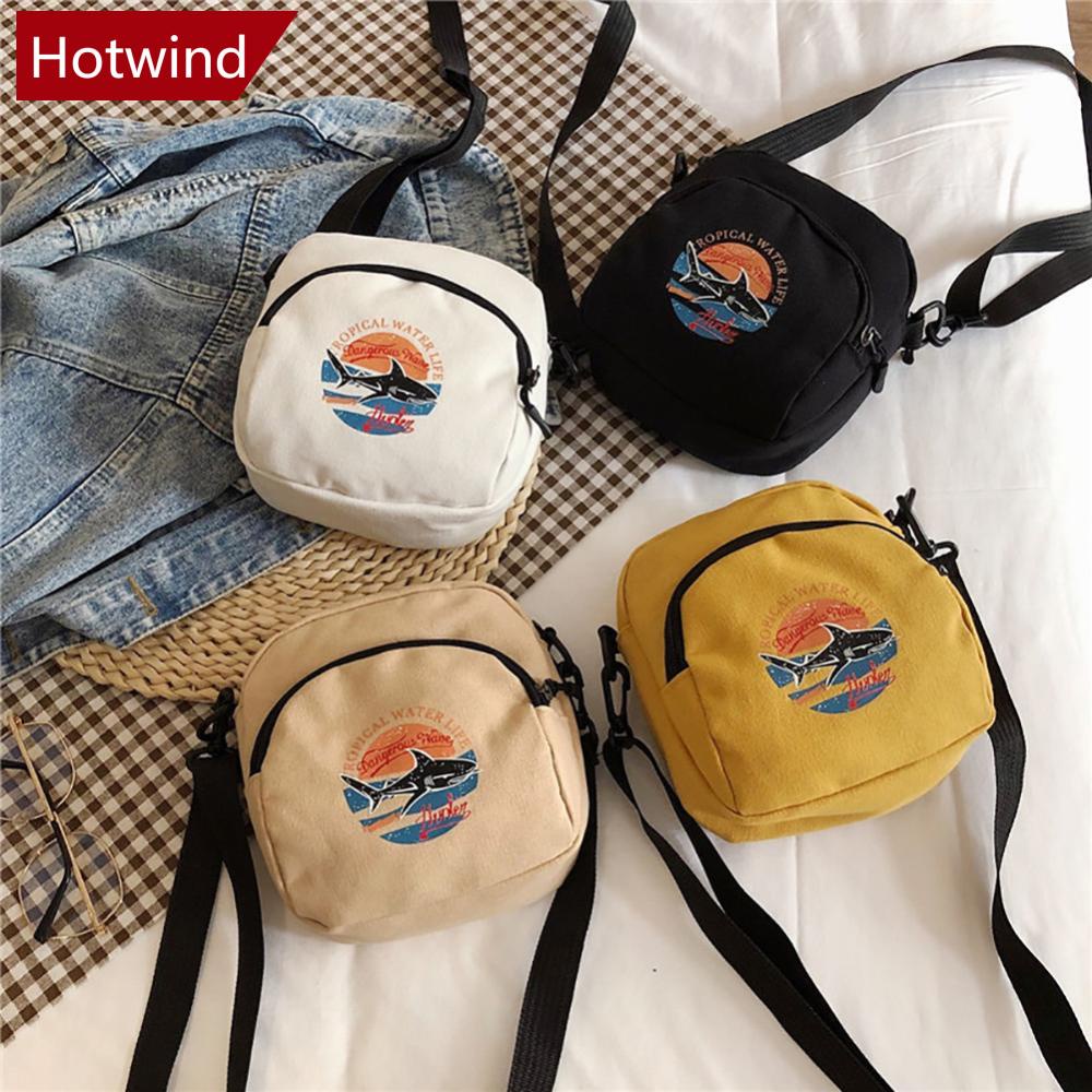 Túi Đeo Chéo Canvas Dáng Vuông Nhỏ Họa Tiết Hoạt Hình Đơn Giản Phong Cách Retro D9E1
