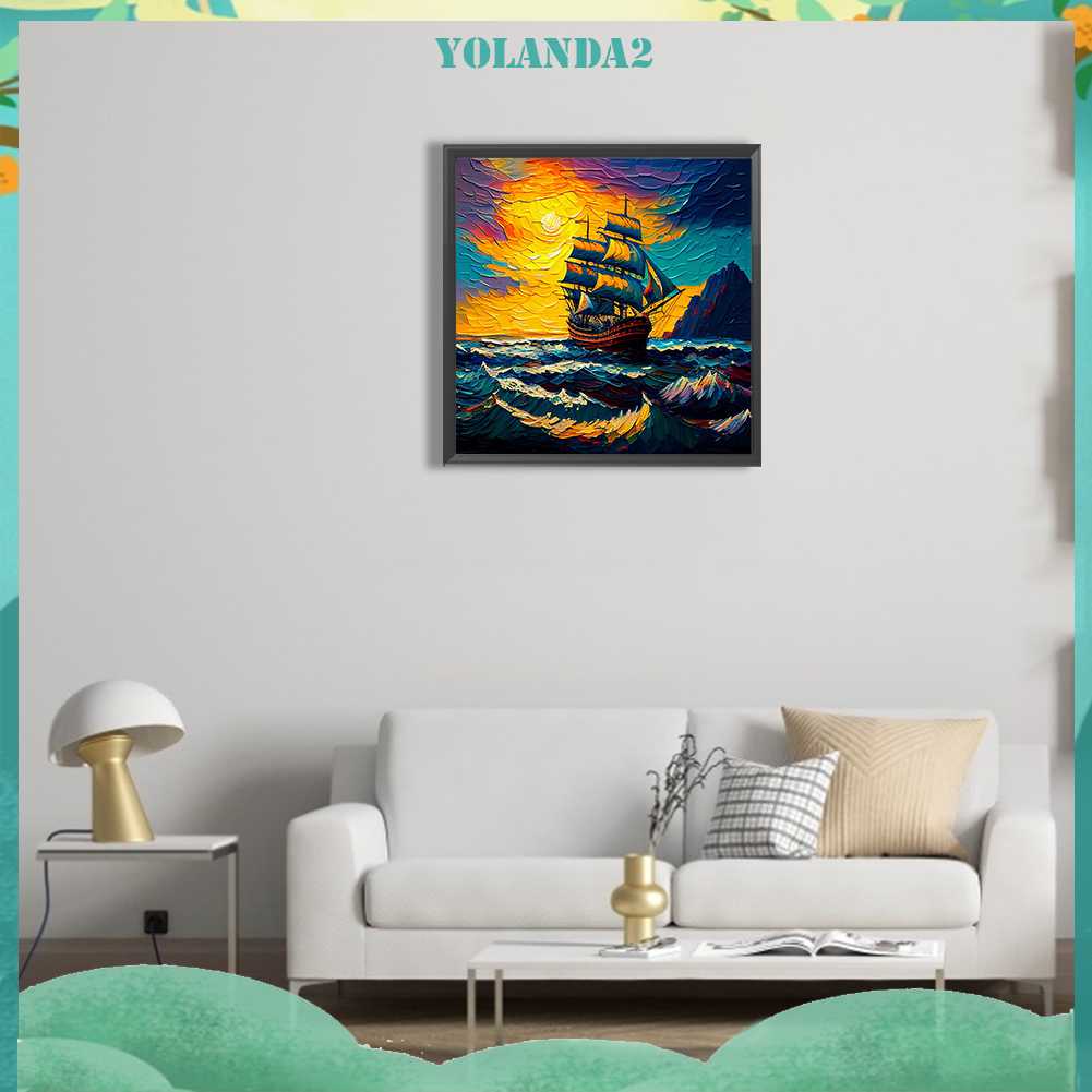 Tranh Đính Đá Kim Cương Toàn Bộ 5D DIY Hình Vẽ Thuyền Buồm Trang Trí Nhà Cửa