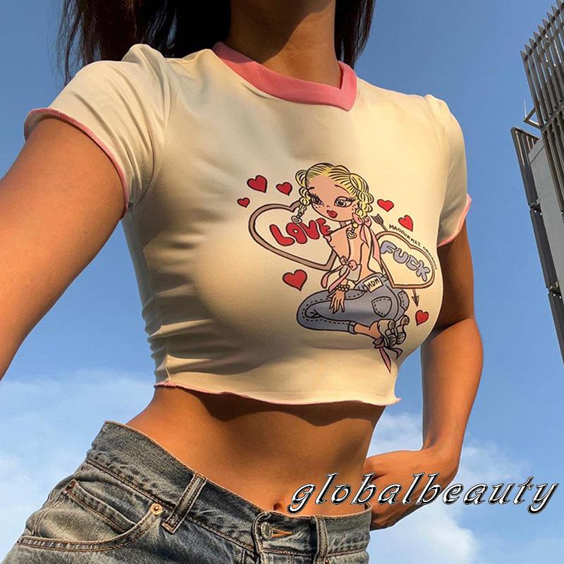 Áo Thun Crop Top Tay Ngắn In Họa Tiết Hoạt Hình Xinh Xắn Thời Trang Mùa Hè Cho Nữ