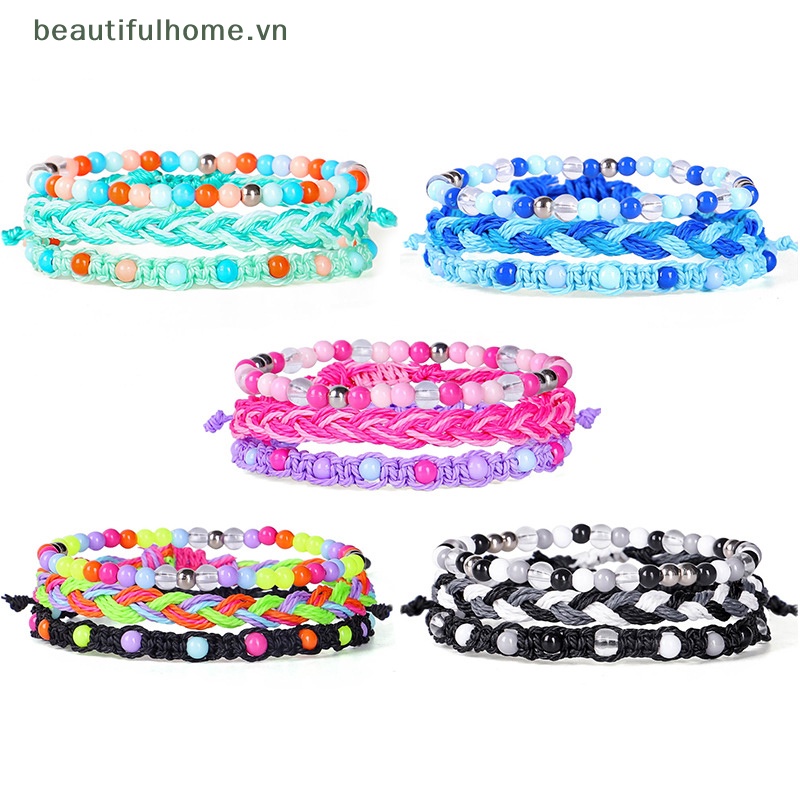 Bộ 3 Vòng Tay Dây Bện Xỏ Hạt Nhiều Màu Phong Cách Bohemian Thời Trang