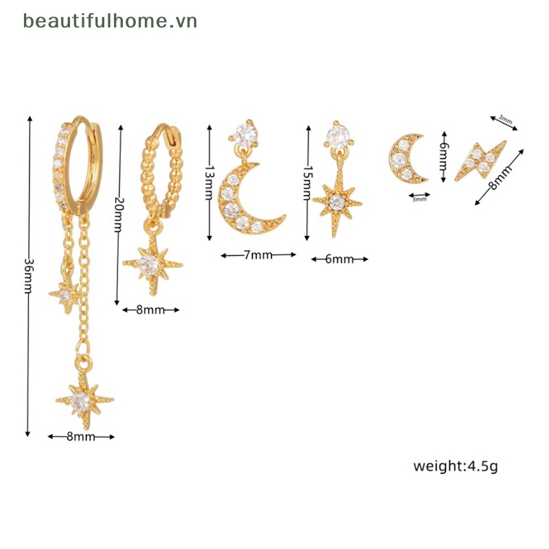 Bộ 6 Bông Tai Hình Mặt Trăng / Ngôi Sao Đính Đá Zircon Nhiều Màu Sắc Dành Cho Nữ