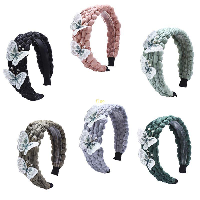 Băng Đô Cài Tóc Bện Bằng Nhựa Màu Trơn Thêu Hình Bướm 3D Thủ Công Ngọt Ngào Chống Trượt Cho Nữ