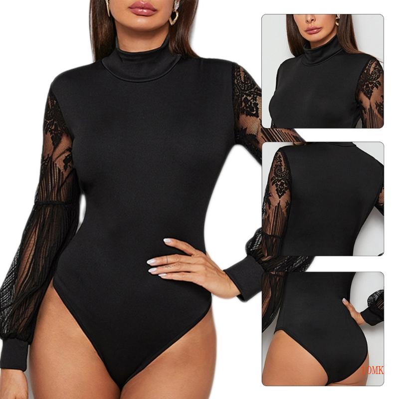 Bộ Áo Liền Quần Cổ Lọ Phối Ren Ôm Dáng Quyến Rũ Cho Nữ