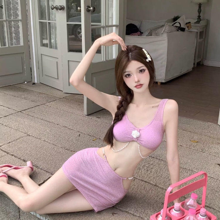 Bộ Đồ Bơi Ba Mảnh Màu Hồng Lưng Cao Thời Trang Quyến Rũ Cho Nữ