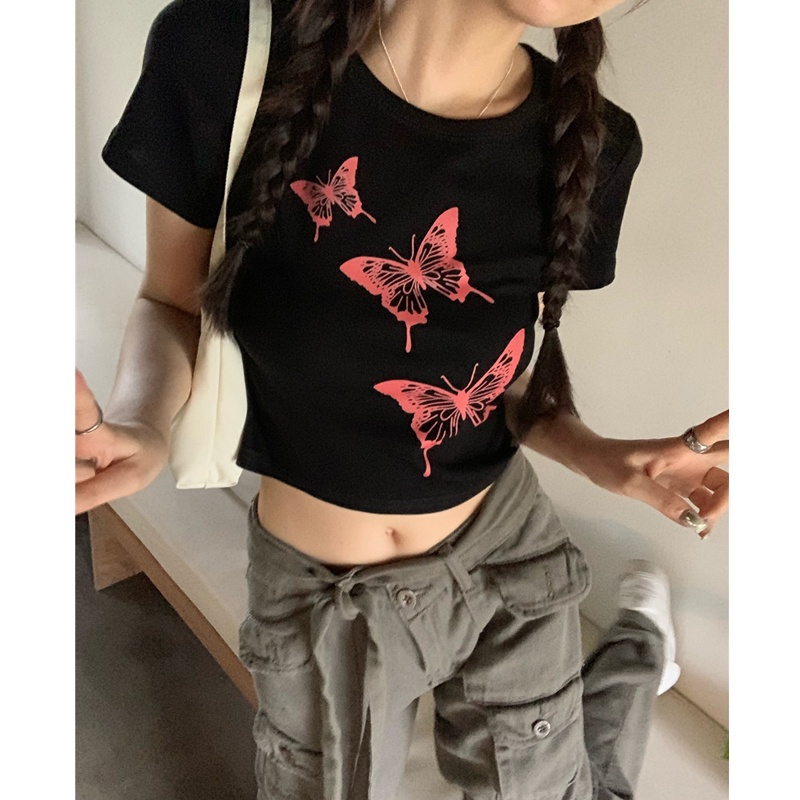 Áo Croptop Dệt Kim Tay Ngắn In Họa Tiết Quyến Rũ Phong Cách Hàn Quốc Cho Nữ