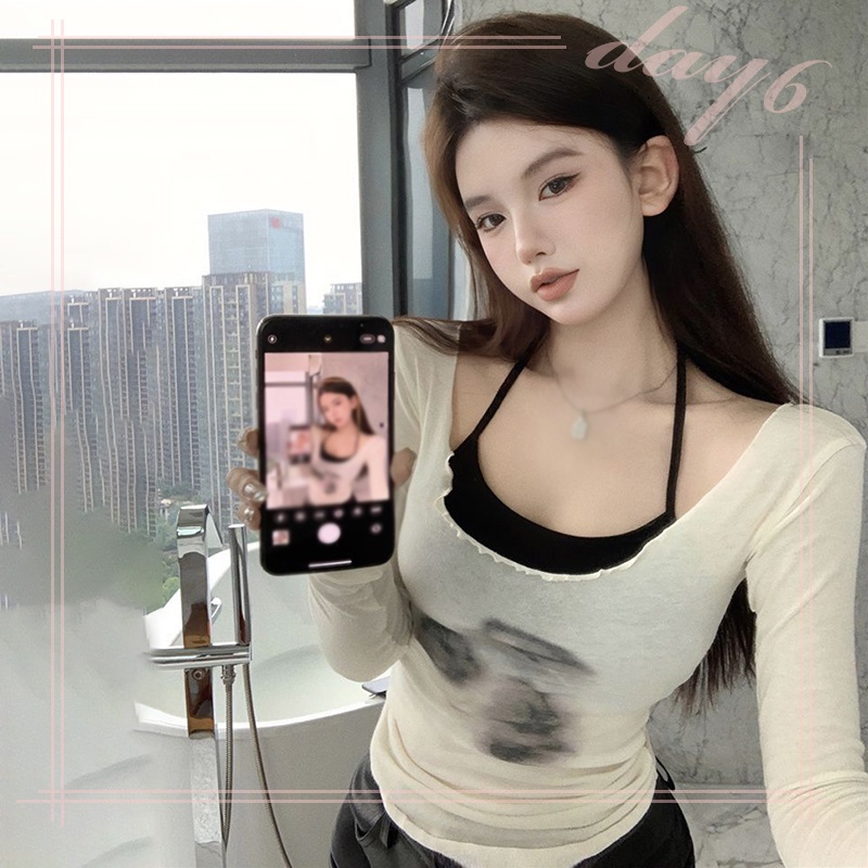 Set Áo Thun Lửng Tay Dài + Áo Dây Thời Trang Dành Cho Nữ