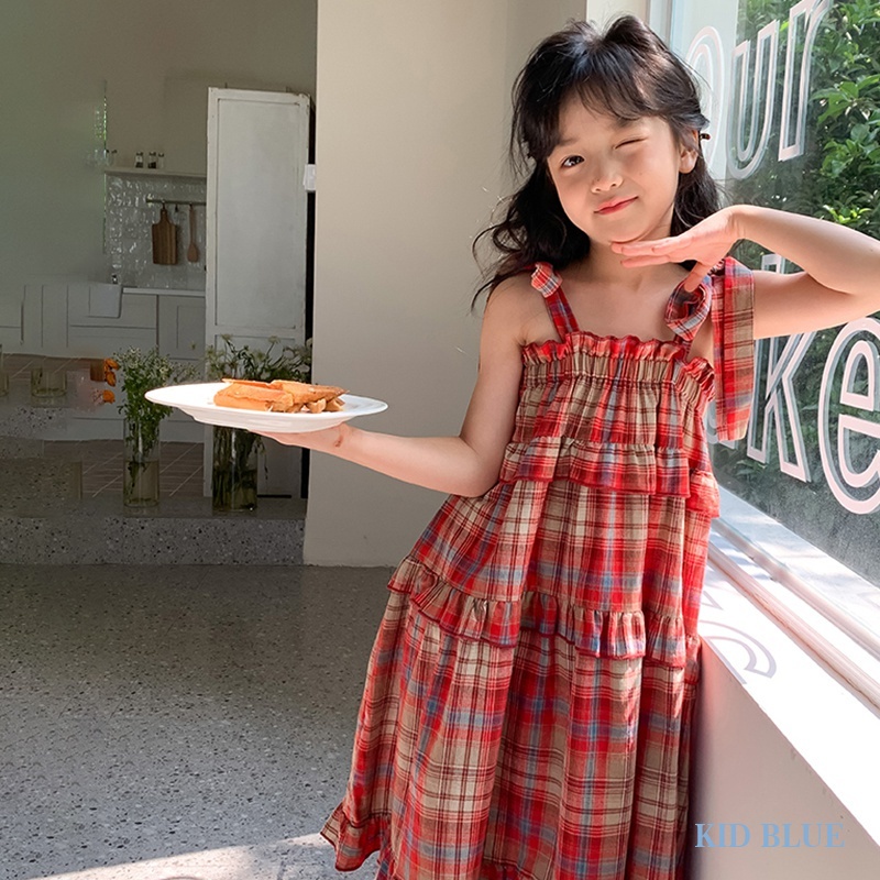 Đầm Tầng Thắt Nơ Họa Tiết Caro Ngọt Ngào Thời Trang Mùa Hè Phong Cách Hàn Quốc Cho Bé Gái