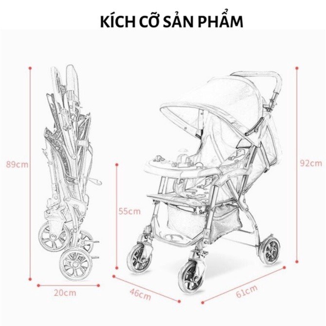 Xe đẩy nằm cho bé sơ sinh gấp gọn nhiều tư thế lưng nằm lưới thoáng mát